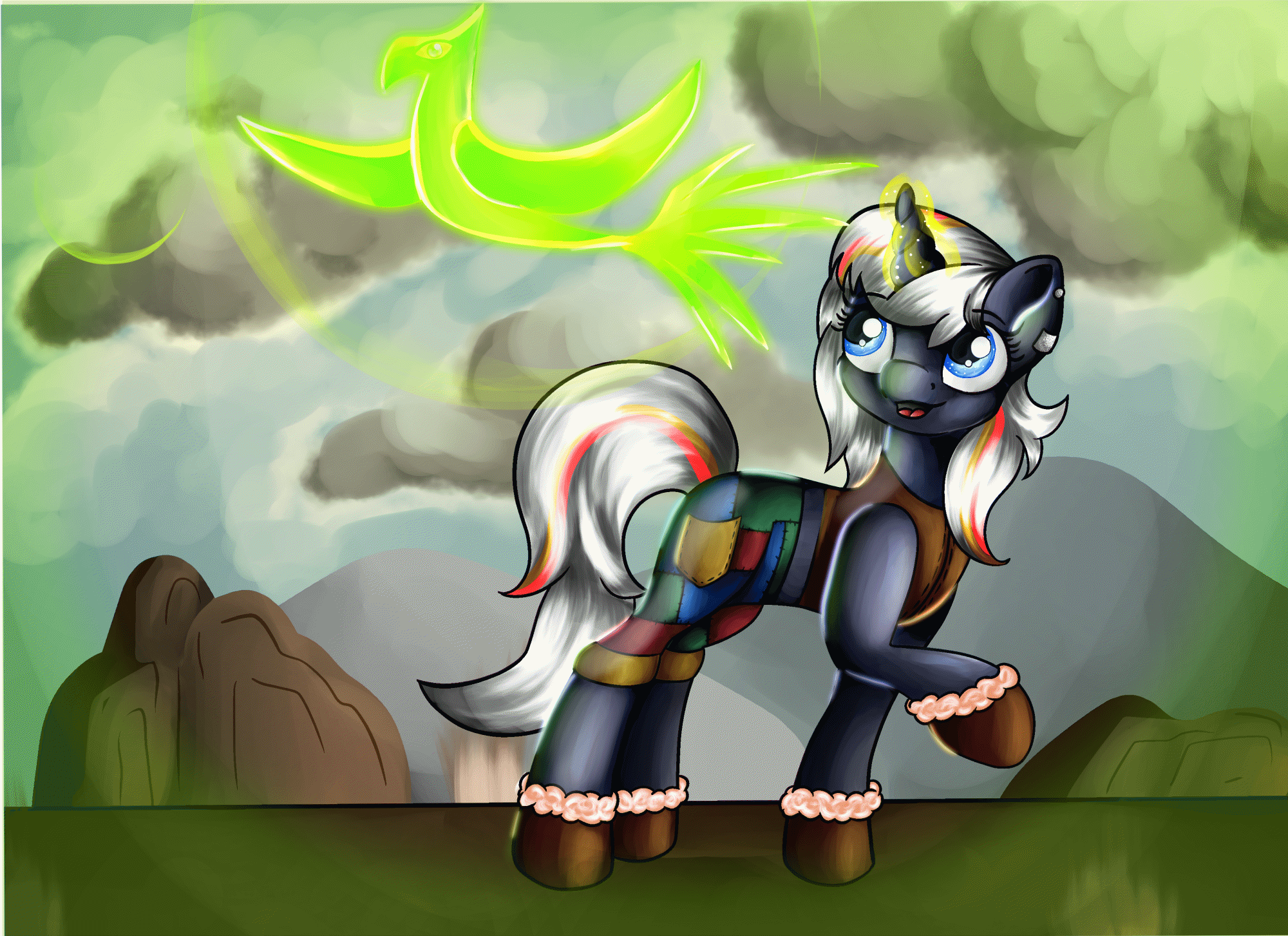 Size: 2000x1453 | Tagged: safe, artist:appleneedle, oc, oc only, oc:pyrelight, oc:velvet remedy, species:balefire phoenix, species:phoenix, species:pony, species:unicorn, fallout equestria, g4, animated, boots, clothing, cloud, contest entry, ear piercing, earring, fallout, female, gif, glowing horn, horn, jacket, jewelry, magic, mare, open mouth, palindrome get, pants, piercing, raised hoof, rock, shoes, sky, solo