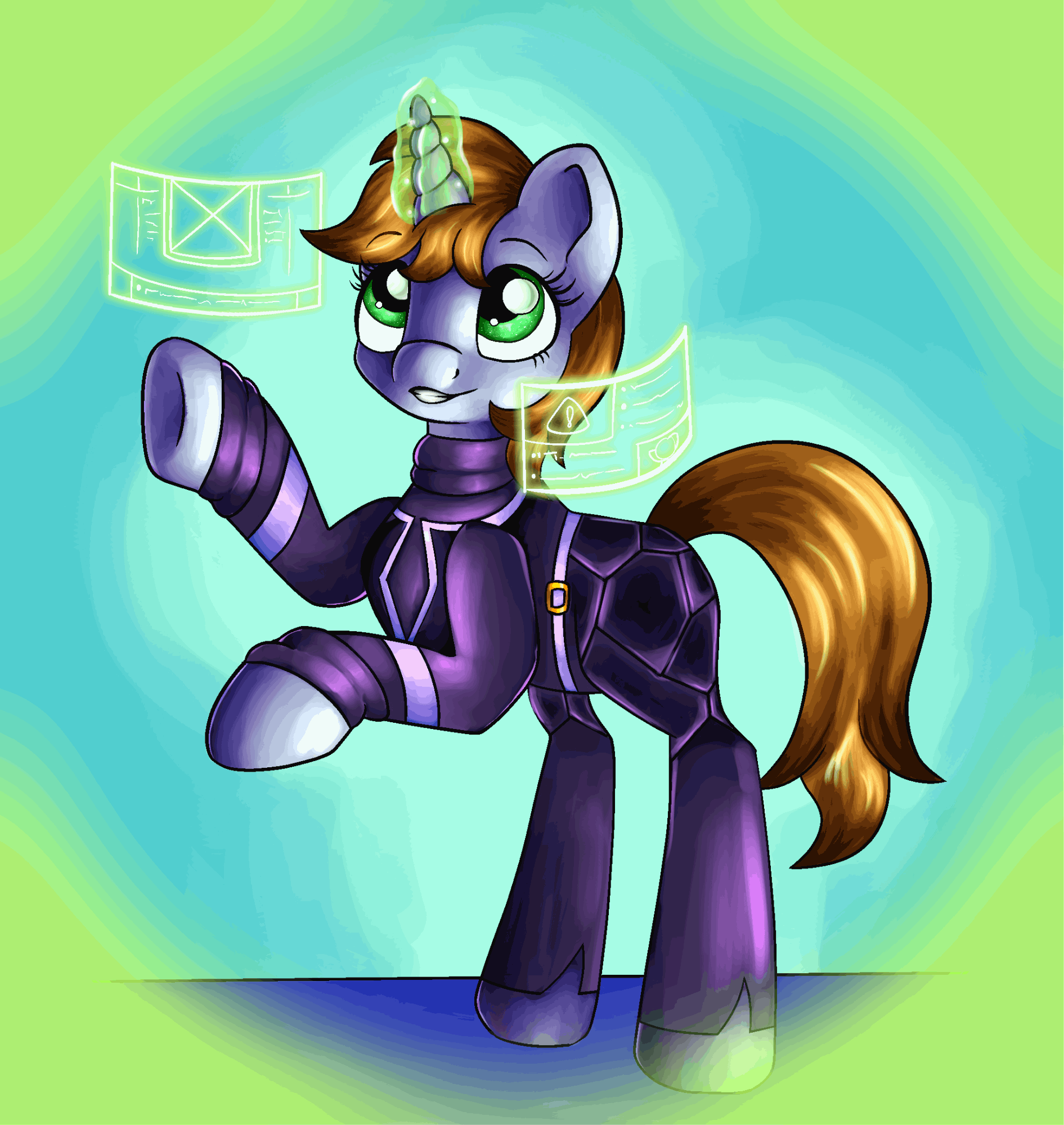 Size: 1891x2000 | Tagged: safe, artist:appleneedle, oc, oc:littlepip, species:pony, species:unicorn, fallout equestria, g4, animated, armor, belt, bipedal, contest entry, fallout, female, gif, glowing horn, grin, horn, magic, mare, raised hoof, rearing, science fiction, smiling, solo, underhoof