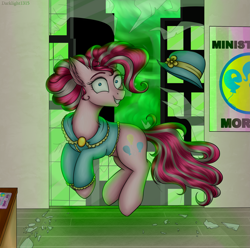 Size: 5275x5230 | Tagged: safe, artist:darklight1315, character:pinkie pie, species:earth pony, species:pony, fallout equestria, g4, balefire, balefire bomb, broken glass, clothing, fanfic art, fire, hat, manehattan, ministry mares, ministry of morale, older, older pinkie pie, party time mintals, poster, solo