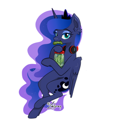Size: 1024x1024 | Tagged: safe, artist:lailyren, character:princess luna, species:alicorn, species:pony, g4, eating, female, food, headphones, jar, lidded eyes, mare, pickle, signature, simple background, solo, transparent background