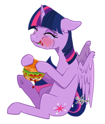 Size: 1024x1207 | Tagged: safe, artist:lailyren, character:twilight sparkle, character:twilight sparkle (alicorn), species:alicorn, species:pony, g4, blushing, burger, crying, cute, eating, eyes closed, food, hay burger, ketchup, lettuce, majestic as fuck, messy eating, onion, sauce, simple background, solo, tears of joy, tomato, transparent background, twiabetes, twilight burgkle