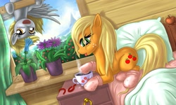 Size: 2000x1200 | Tagged: safe, artist:alexmakovsky, character:applejack, character:derpy hooves, species:earth pony, species:pegasus, species:pony, g4, apple, bed, clothing, coffee, duo, female, flower, food, loose hair, mare, morning ponies, photoshop, socks, upside down, window