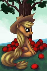 Size: 2000x3000 | Tagged: safe, artist:alexmakovsky, character:applejack, species:earth pony, species:pony, g4, apple, female, high res, mare, paint tool sai, sitting, solo, tree
