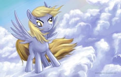 Size: 2000x1280 | Tagged: safe, artist:alexmakovsky, character:derpy hooves, species:pegasus, species:pony, g4, cloud, cloudy, cutie mark, female, hooves, mare, on a cloud, photoshop, serious face, sky, solo, spread wings, standing on a cloud, windswept mane, wings