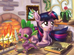 Size: 2000x1500 | Tagged: safe, artist:alexmakovsky, character:princess celestia, character:spike, character:twilight sparkle, character:twilight sparkle (unicorn), species:dragon, species:pony, species:unicorn, g4, book, female, fire, fireplace, flower, letter, male, mare, photoshop, prone, quill, trio