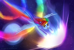 Size: 3000x2000 | Tagged: safe, artist:alexmakovsky, character:rainbow dash, species:pegasus, species:pony, g4, my little pony: friendship is magic, backwards cutie mark, female, flying, high res, mare, moon, paint tool sai, solo, sonic rainboom, space