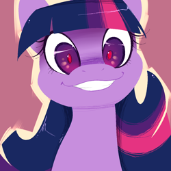 Size: 1100x1100 | Tagged: safe, artist:kittentoots, character:twilight sparkle, female, missing horn, reaction image, red pupils, smiling, solo, twilight snapple, yandere