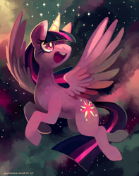 Size: 1000x1272 | Tagged: dead source, safe, artist:purplekecleon, character:twilight sparkle, character:twilight sparkle (alicorn), species:alicorn, species:pony, cloud, female, flying, mare, open mouth, smiling, solo, space, starry night, stars