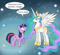 Size: 977x900 | Tagged: safe, artist:caycowa, character:princess celestia, character:twilight sparkle, character:twilight sparkle (unicorn), species:alicorn, species:pony, species:unicorn, episode:magical mystery cure, g4, my little pony: friendship is magic, afterlife, dead, duo, ethereal mane, female, mare, princess celestia's special princess making dimension, q, star trek, star trek: the next generation, void, welcome to the afterlife