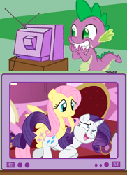 Size: 520x716 | Tagged: safe, artist:perfectpinkwater, character:fluttershy, character:rarity, character:spike, ship:rarishy, episode:winter wrap up, g4, my little pony: friendship is magic, cute, exploitable meme, feather, grin, laughing, meme, mouth hold, on side, open mouth, shipping, smiling, squee, tickling, tv meme