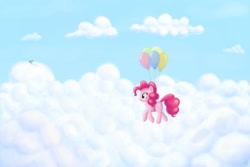 Size: 3000x2000 | Tagged: dead source, safe, artist:polkin, character:pinkie pie, character:rainbow dash, balloon, cloud, cloudy, high res, then watch her balloons lift her up to the sky