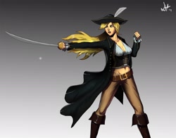 Size: 1911x1500 | Tagged: safe, artist:deilan12, character:applejack, female, gradient background, humanized, pirate, solo, sword, weapon
