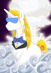 Size: 744x1052 | Tagged: safe, artist:dawnallies, character:prince blueblood, species:pony, badass, cool guys don't look at explosions, explosion, male, mushroom cloud, shutter shades, solo, swag