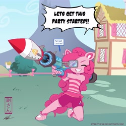 Size: 4000x4000 | Tagged: safe, artist:vicse, character:pinkie pie, species:anthro, clothing, rocket launcher