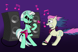 Size: 4240x2824 | Tagged: safe, artist:jay muniz, character:bon bon, character:lyra heartstrings, character:sweetie drops, species:earth pony, species:pony, species:unicorn, alternate hairstyle, bipedal, bracelet, choker, duo, ear piercing, electric guitar, eyes closed, eyeshadow, flying v, gradient background, grin, guitar, jewelry, lip piercing, makeup, mohawk, music, music notes, neckerchief, piercing, playing, smiling, speakers, spiked choker, spiked wristband, teenager, wristband, younger