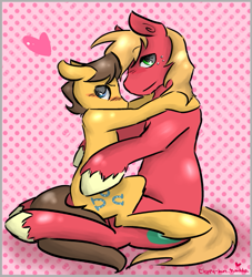 Size: 677x745 | Tagged: safe, artist:cleppyclep, character:big mcintosh, character:caramel, species:earth pony, species:pony, ship:caramac, blushing, cuddling, cute, gay, heart, male, shipping, stallion