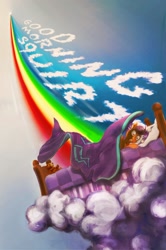 Size: 1126x1695 | Tagged: safe, artist:miradge, character:rainbow dash, character:scootaloo, species:pegasus, species:pony, bed, blanket, cloud, cloud sculpting, flying, morning, rainbow, shocked, text, waking up