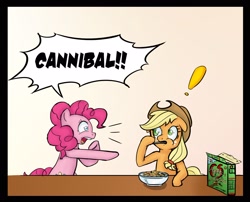 Size: 2100x1693 | Tagged: safe, artist:vicse, character:applejack, character:pinkie pie, apple jacks, cannibalism, cereal, comic, pun