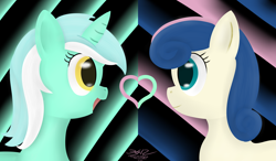 Size: 3600x2100 | Tagged: safe, artist:mikoruthehedgehog, character:bon bon, character:lyra heartstrings, character:sweetie drops, species:earth pony, species:pony, species:unicorn, ship:lyrabon, eye contact, female, heart, high res, lesbian, looking at each other, mare, shipping, smiling