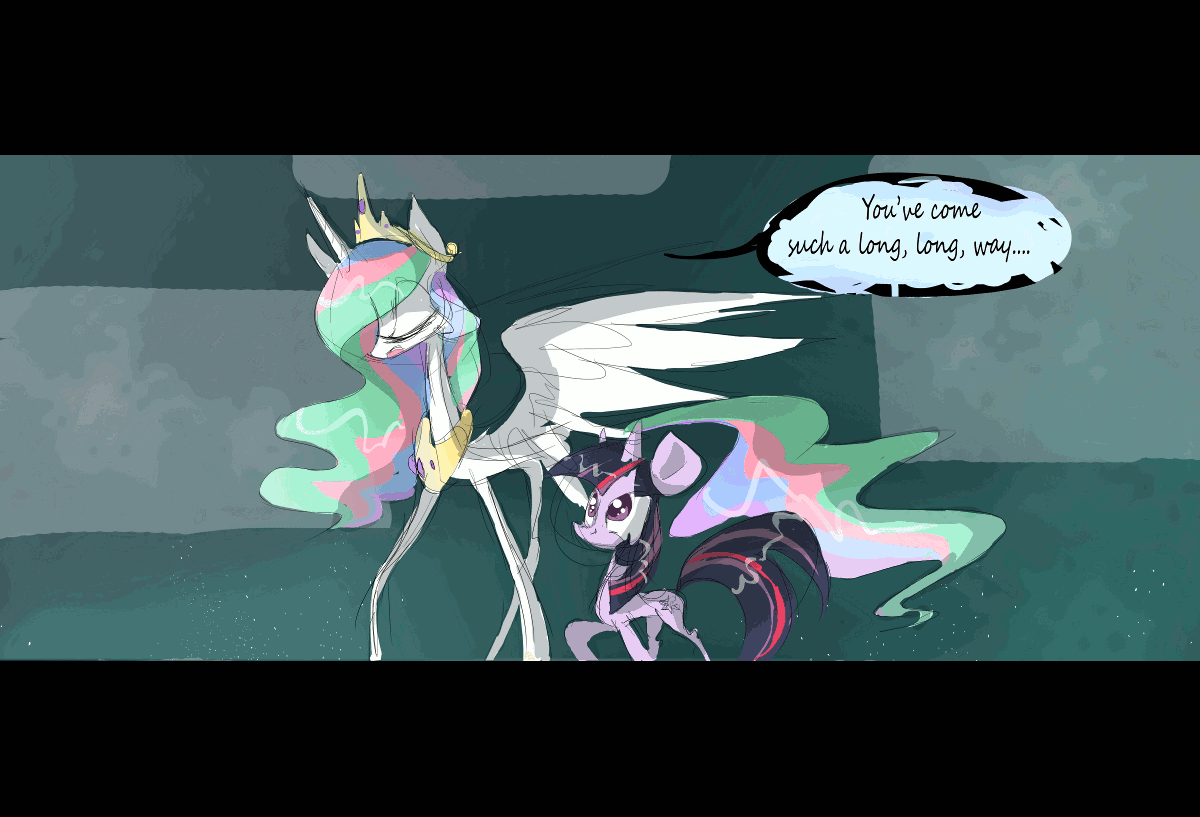 Size: 1200x817 | Tagged: dead source, safe, artist:yuji8sushi, character:princess celestia, character:shining armor, character:twilight sparkle, species:alicorn, species:pony, species:unicorn, friendship is witchcraft, animated, celestia's ballad, filly, foal, not creepy