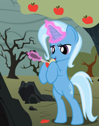 Size: 1000x1280 | Tagged: safe, artist:dcencia, character:trixie, species:pony, apple, apple tree, bipedal, female, knife, magic, solo, standing, tree