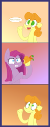 Size: 389x990 | Tagged: safe, artist:artflicker, character:carrot top, character:golden harvest, character:pinkamena diane pie, character:pinkie pie, comic, cupcake, eating, food