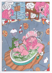 Size: 2475x3468 | Tagged: safe, artist:mohawkrex, character:cup cake, character:gummy, character:pinkie pie, bath, bathtub, claw foot bathtub, clothing, comic, dirty, drink, eyes closed, faucet, hat, radio, shower cap, shower curtain, sign, smiling, soap