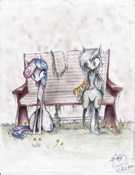 Size: 900x1171 | Tagged: dead source, safe, artist:yuji8sushi, character:bon bon, character:lyra heartstrings, character:sweetie drops, species:earth pony, species:pony, species:unicorn, anorexic, bench, traditional art