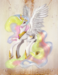 Size: 912x1180 | Tagged: safe, artist:miradge, artist:relydazed, character:princess celestia, species:alicorn, species:pony, g4, abstract background, colored, female, hair over one eye, hoof shoes, mare, solo