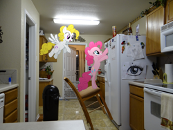 Size: 4896x3672 | Tagged: safe, artist:emedina13, character:pinkie pie, character:surprise, g1, chair, door, g1 to g4, generation leap, kitchen, ponies in real life, pringles, refrigerator, trash can, vector