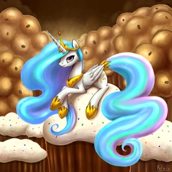 Size: 1500x1502 | Tagged: dead source, safe, artist:polkin, character:princess celestia, species:alicorn, species:pony, cupcake, female, mare, muffin, solo