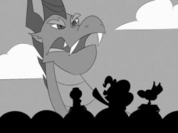 Size: 500x375 | Tagged: safe, artist:eliwood10, character:pinkie pie, character:spike, cinema, crossover, crow t robot, monochrome, movie, mystery science theater 3000, tom servo