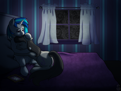 Size: 1600x1200 | Tagged: safe, artist:shrineheart, character:dj pon-3, character:octavia melody, character:vinyl scratch, ship:scratchtavia, bed, curtains, female, hug, lesbian, rain, shipping, window