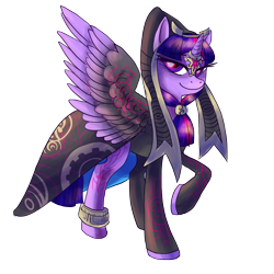 Size: 1920x1920 | Tagged: safe, artist:zaphy1415926, character:twilight sparkle, character:twilight sparkle (alicorn), species:alicorn, species:pony, alternate hairstyle, anklet, bedroom eyes, crossover, female, implied midnight sparkle, jewelry, looking at you, mare, midna, midna sparkle, nintendo, pun, raised hoof, smiling, solo, spread wings, the legend of zelda, the legend of zelda: twilight princess, wings