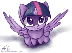 Size: 678x501 | Tagged: safe, artist:strangemoose, character:twilight sparkle, character:twilight sparkle (alicorn), species:alicorn, species:pony, female, looking at you, looking up, mare, simple background, smiling, solo