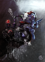 Size: 1532x2097 | Tagged: safe, artist:miradge, character:rainbow dash, female, flying, machine, solo, toolbelt, wrench