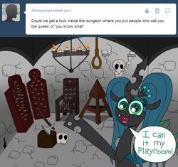 Size: 1280x1205 | Tagged: safe, artist:jay muniz, character:queen chrysalis, ask, ask crinkle bottom chrysalis, axe, dead, dungeon, iron maiden, noose, skeleton, skull, tumblr