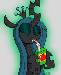Size: 1674x2042 | Tagged: safe, artist:jay muniz, character:queen chrysalis, species:changeling, apple, changeling queen, cute, cutealis, drinking, eyes closed, fangs, female, food, hoof hold, juice, juice box, smiling, solo