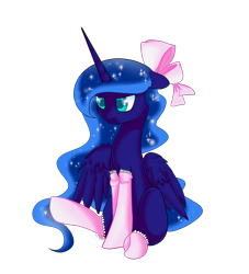 Size: 2000x2200 | Tagged: dead source, safe, artist:fikakorv, character:princess luna, species:pony, bow, clothing, cute, female, floppy ears, hair bow, high res, luna is not amused, lunabetes, mare, simple background, sitting, socks, solo, transparent background, unamused