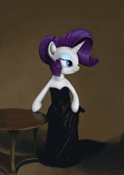 Size: 1414x2000 | Tagged: safe, artist:drakmire, character:rarity, species:pony, bipedal, black dress, clothing, dress, table