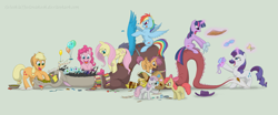 Size: 1795x750 | Tagged: safe, artist:celestiathegreatest, character:apple bloom, character:applejack, character:discord, character:fluttershy, character:pinkie pie, character:rainbow dash, character:rarity, character:scootaloo, character:sweetie belle, character:twilight sparkle, species:pegasus, species:pony, backrub, balloon, blep, bodypaint, bow, brushie, brushing, cutie mark crusaders, detailed, dressup, female, glare, hoof hold, magic, male, mane six, massage, mud mask, open mouth, paint, paintbrush, preening, ribbon, riding, simple background, smiling, spread wings, telekinesis, tied up, tongue out, wings