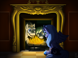 Size: 800x600 | Tagged: safe, artist:shrineheart, character:derpy hooves, character:doctor whooves, character:princess luna, character:time turner, species:pegasus, species:pony, doctor who, female, fireplace, mare, the girl in the fireplace