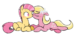 Size: 1400x700 | Tagged: safe, artist:selective-yellow, character:candy mane, character:lily, character:lily valley, species:earth pony, species:pony, background pony, blushing, duo, female, flower, flower in hair, kiss on the cheek, kissing, lesbian, lily (flower), mare, prone, shipping, simple background, transparent background