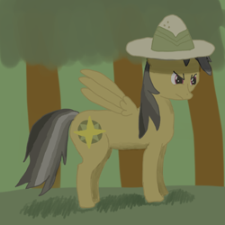 Size: 660x660 | Tagged: safe, artist:allonsbro, character:daring do, species:pegasus, species:pony, clothing, female, grass, hat, mare, pith helmet, solo, spread wings, tree, wings