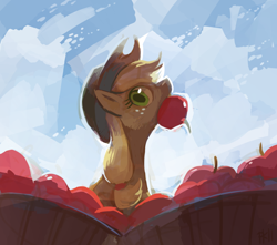 Size: 1280x1131 | Tagged: safe, artist:purplekecleon, character:applejack, apple, female, mouth hold, solo
