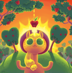 Size: 1860x1888 | Tagged: safe, artist:hamigaki-momo, character:applejack, apple, female, solo, sun, surreal, sweet apple acres, tree