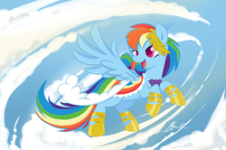 Size: 1202x800 | Tagged: safe, artist:caycowa, character:rainbow dash, species:pegasus, species:pony, episode:the best night ever, g4, my little pony: friendship is magic, action pose, clothing, cloud, dress, female, gala dress, mare, open mouth, smiling, solo, windswept tail