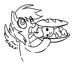 Size: 427x373 | Tagged: safe, artist:reuniclus, character:cream puff, character:rainbow dash, baby, california cheeseburger, cannibalism, filly, foal, food, horse meat, imminent vore, meat, monochrome, parody, pony as food, sandwich, the simpsons