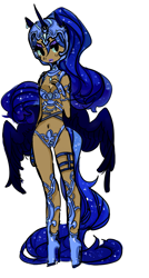 Size: 600x1118 | Tagged: safe, artist:costly, character:nightmare moon, character:princess luna, chainmail bikini, eared humanization, high heels, horned humanization, humanized, tailed humanization, winged humanization