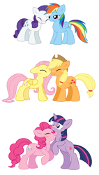 Size: 880x1544 | Tagged: safe, artist:selective-yellow, character:applejack, character:fluttershy, character:pinkie pie, character:rainbow dash, character:rarity, character:twilight sparkle, character:twilight sparkle (unicorn), species:earth pony, species:pegasus, species:pony, species:unicorn, ship:appleshy, ship:raridash, ship:twinkie, blush sticker, blushing, eyes closed, female, kissing, lesbian, mane six, mare, nuzzling, rearing, shipping, simple background, white background